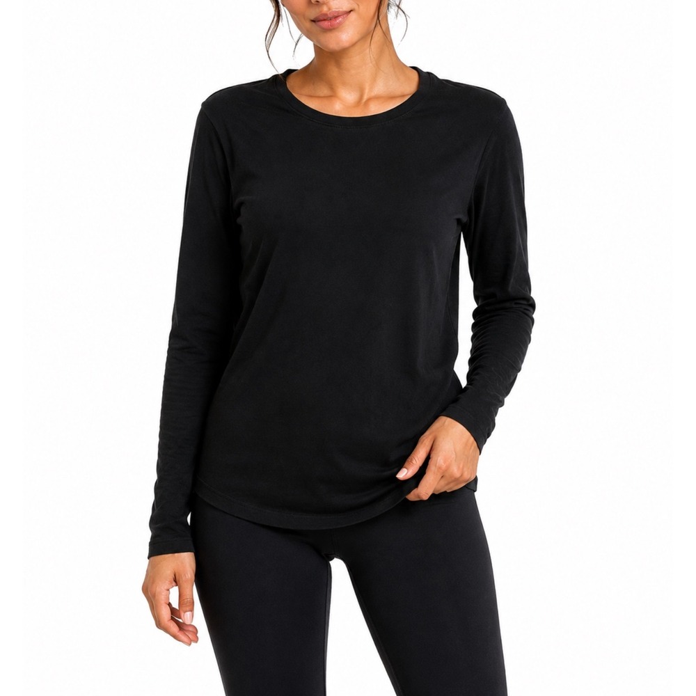 JCP Women Black Long Sleeve Crew Neck 100% Cotton T-Shirt Size Large RN 93677
